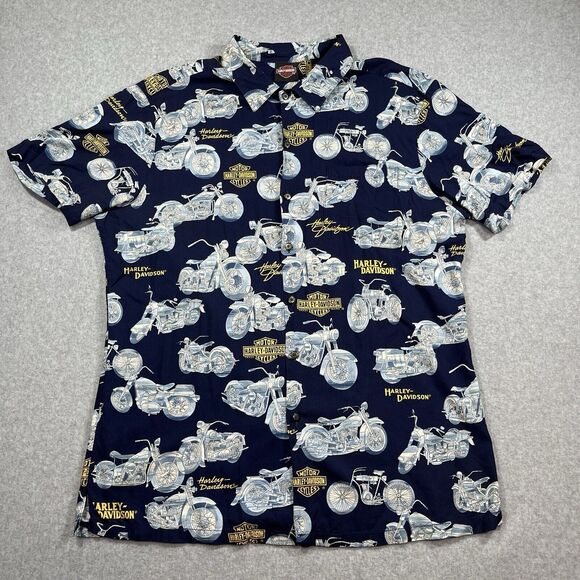 Harley Davidson Mens XL Motorcycle All Over Print USA Made In Hawaii Button Up - Picture 1 of 8